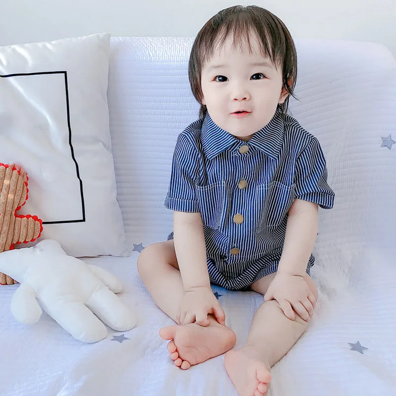 Summer Cute Baby Jumpsuit Thin Children\'S Clothing Pocket Buttons Striped Denim One-Piece Clothes Boys Girls Toddler Kids Romper