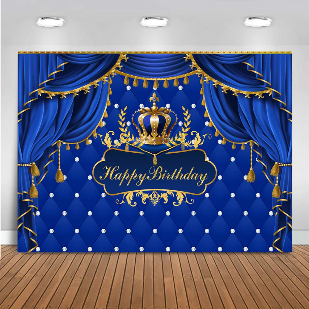 Mocsicka Royal Prince Birthday Backdrop Decoration Photocall Blue Curtain Crown Boy Birthday Baby Shower Background Photography