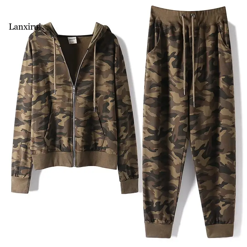 

Spring Autumn Women Hooded Camouflage Zipper Sweatshirt Suit + Loose Casual Pants Two Piece Set Ladies Outfits