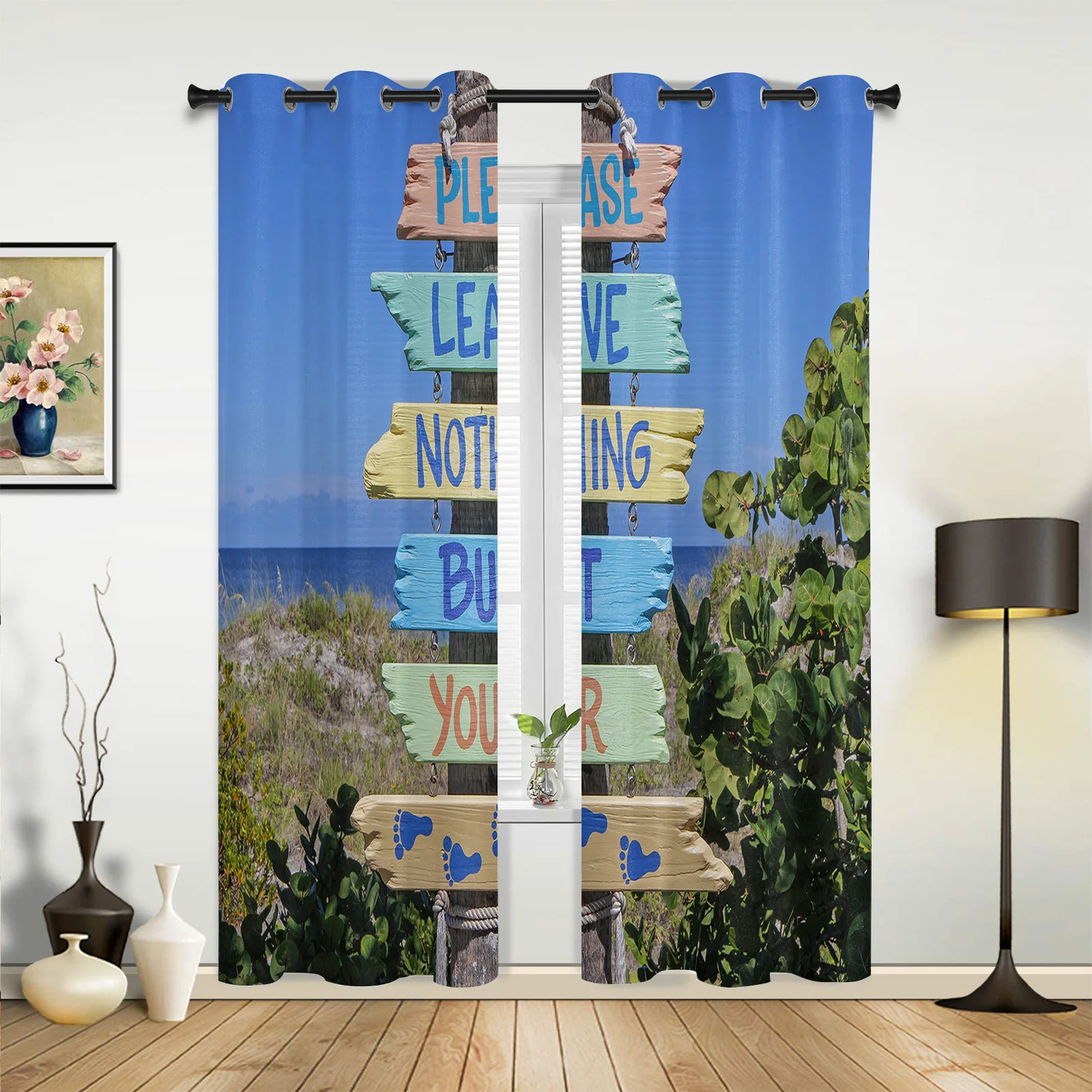 Beach Colorful Wooden Sign Valance Window Curtains For Living Room Bedroom Kitchen Home Ready-made Youth Room Window Curtains