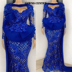 Aso Ebi African Royal Blue Lace Evening Dresses Long Sleeve Sweep Train Nigerian Mermaid Prom Dress For Ladies Customized