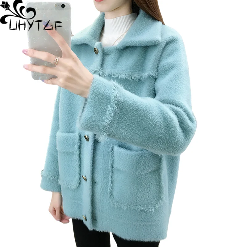 

UHYTGF Sweaters For Women Quality Mink Fleece Autumn Winter Tops Jacket Fashion Single-Breasted Short Coat Cardigan Female 1394