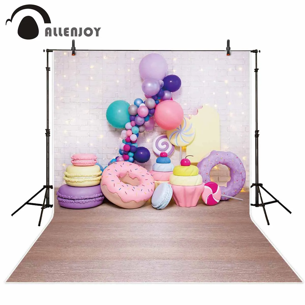 Allenjoy photography backdrop birthday sweets pastry decors balloons sparkle light brick wall background child photophone studio