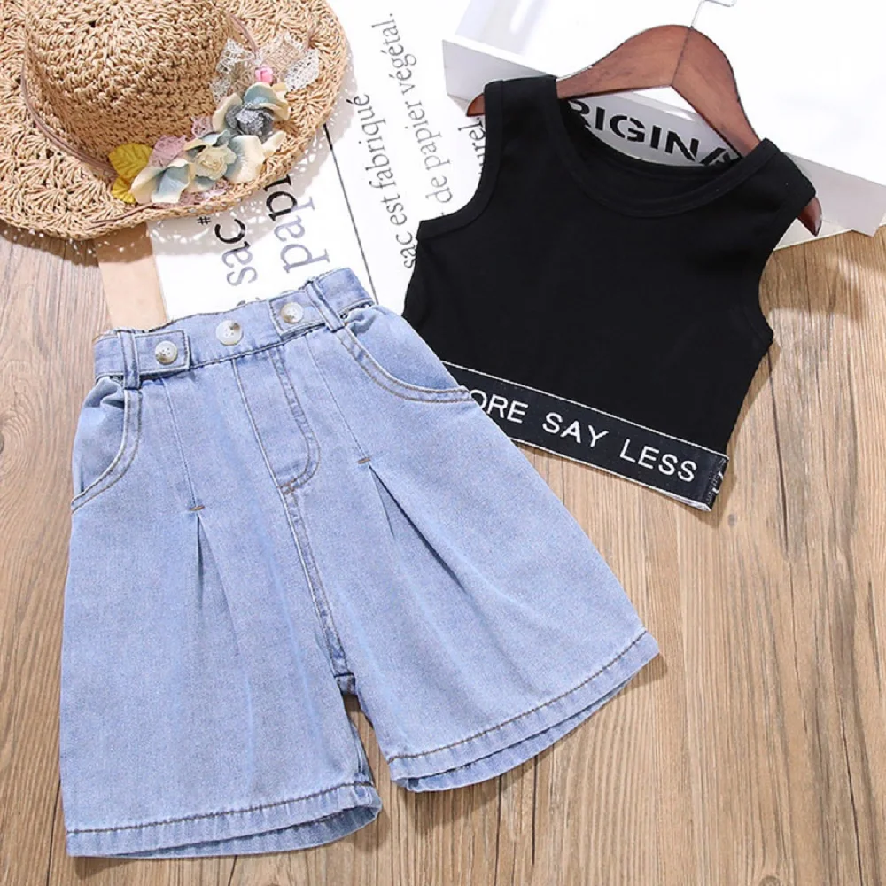 

New Baby Girls Black Sleeves Tops Vest T-Shirt Loose Jeans Suit Cool Girls Dance Summer Casaul Clothes Pants Streetwear