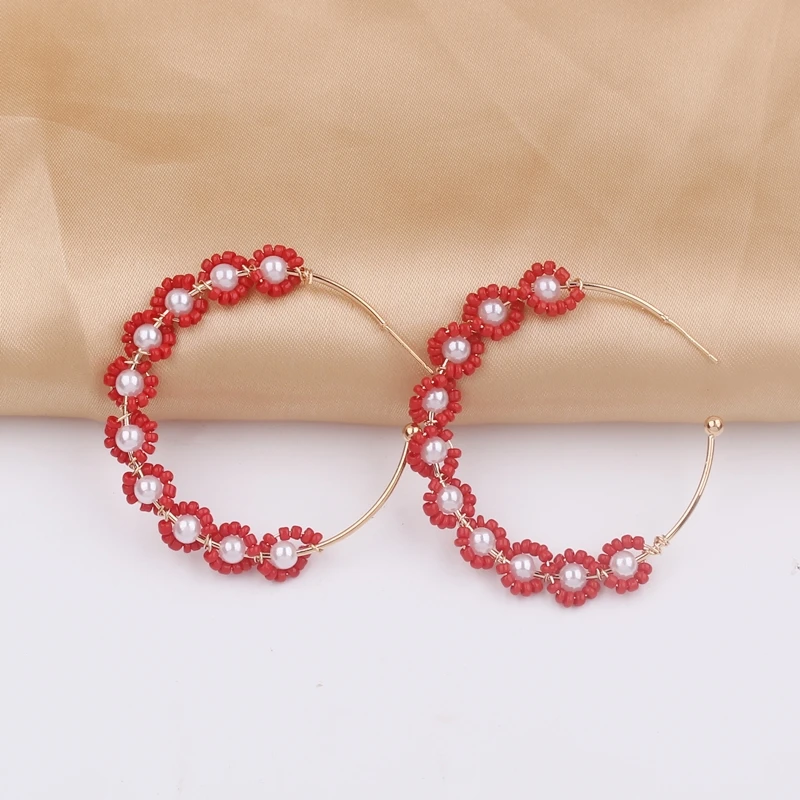 New Trend Imitation Pearls Beads Circle Flowers Hoop Earrings for Women Brincos Bohemian Beach Wedding Party Jewelry Mujer Gift