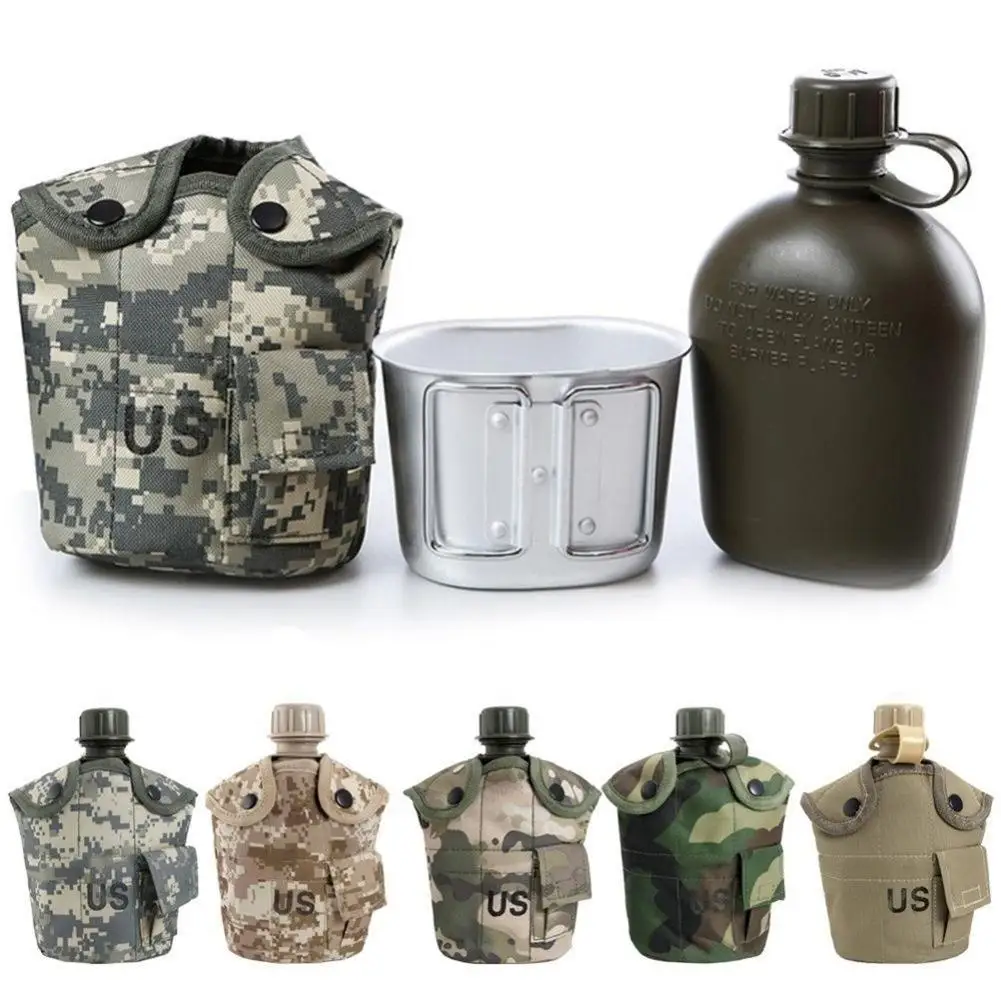 1L Outdoor Army Military Water Bottle Camping Hiking Backpacking Survival Canteen Cup Portable for OutdoorTravel Kettle Bag