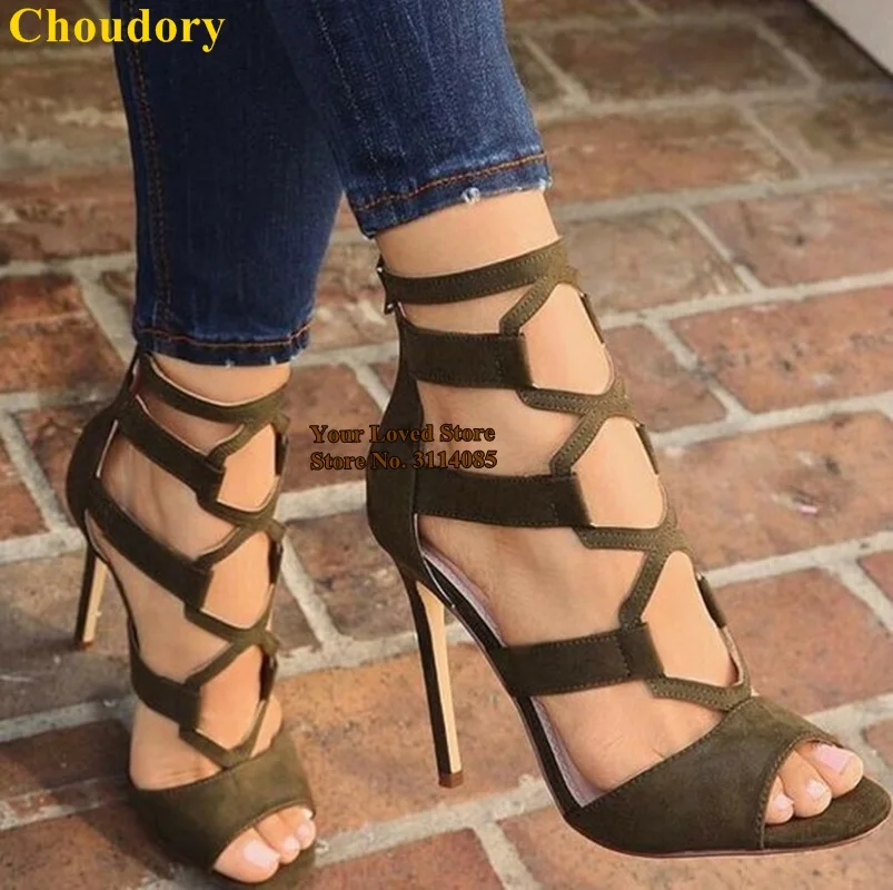 

Choudory Army Green Suede Caged Sandals Stiletto Heels Net Dress Shoes Cut-out Gladiator Sandals Banquet Dress Pumps Footwear