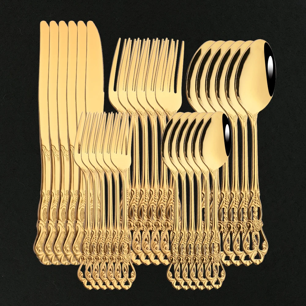 

30pcs Royal Flatware Cutlery Set Gold Stainless Steel Dinnerware Western Knife Spoon Fork Kitchen Dinner Silverware Tableware