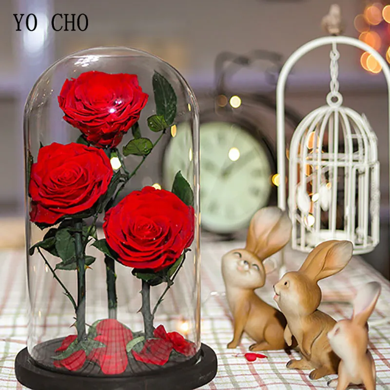 Natural Fresh Preserved Flowers in Glass Dome Flower Immortal Rose for Wedding Decoration Valentines Day New Year Gift Love