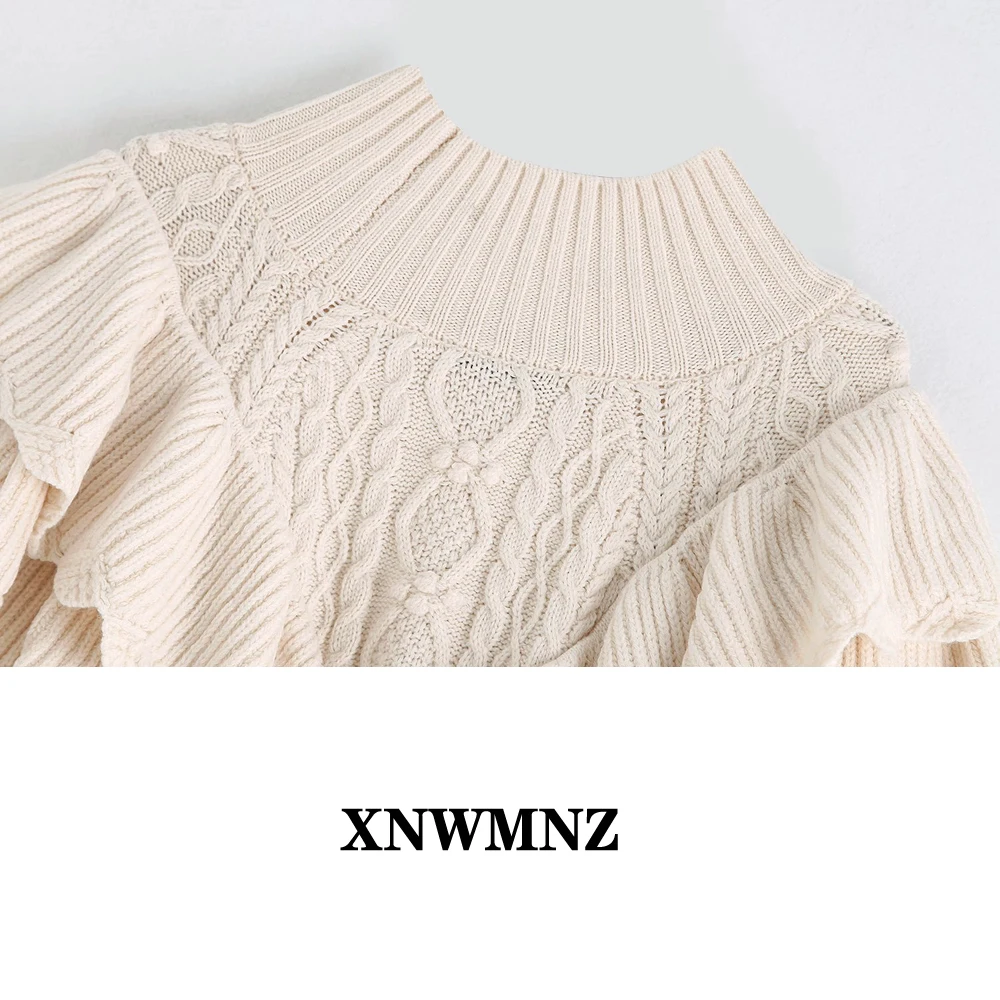 XNWMNZ 2024 Women Fashion Ruffled Cropped Knitted Sweater Vintage High Neck Lantern Sleeve Female Pullovers Chic Tops