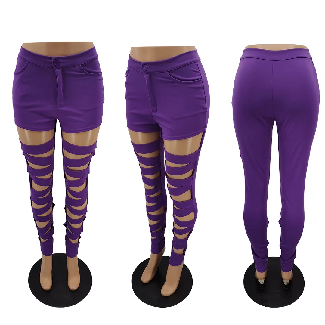 2023 Hollow Out Sexy Pencil Pants Women High Waist Bandage Leggings Clubwear Party Pants Female Solid Trousers