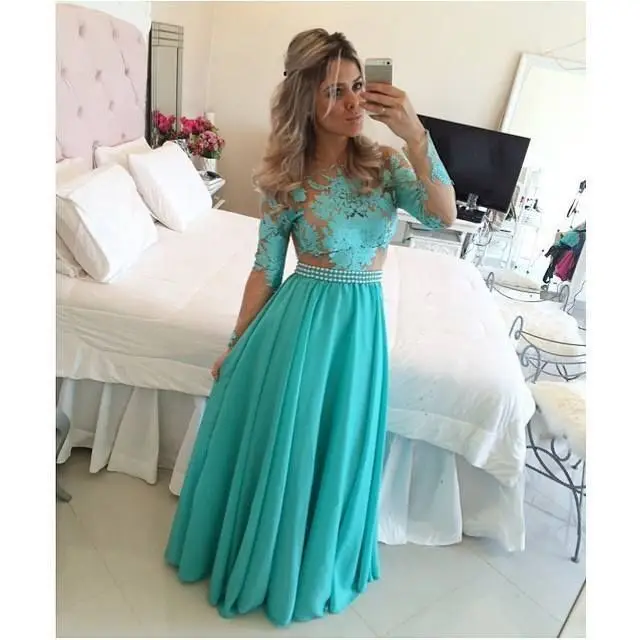 فساتين مناسبات O Pescoço Sheer Mint Verde Vestido de Manga Rendas de Baile Até O Chão Vestido De Formatura 2018 Vestidos de Regresso A Casa