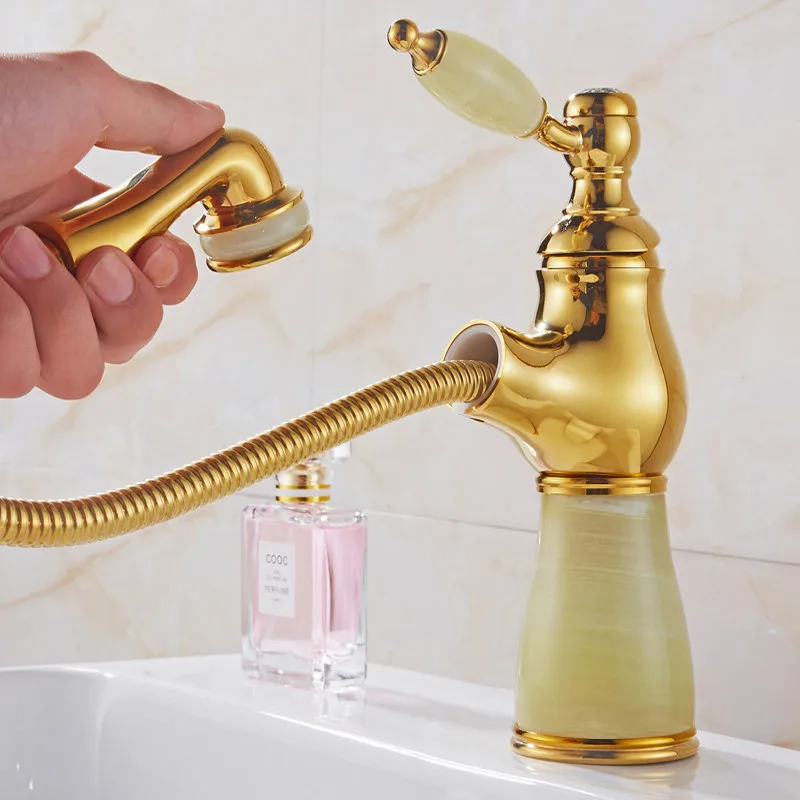 Bathroom Basin Faucet Sink Mixer Soild Brass & Jade Blistering Faucet Hot & Cold Single Handle Lavatory Crane Pull Out Type Tap