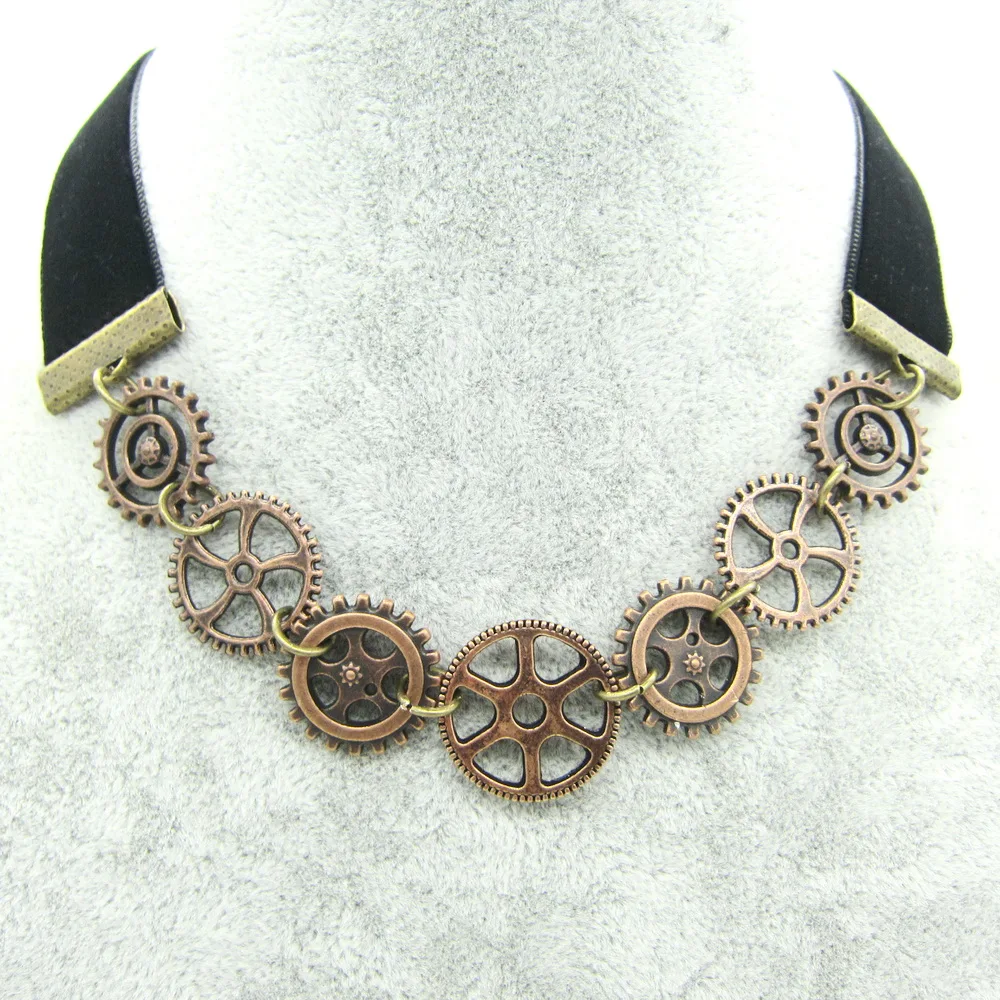 New Simple Style Black Farbic with DIY Vintage Gears Women`s Steampunk Velvet Choker