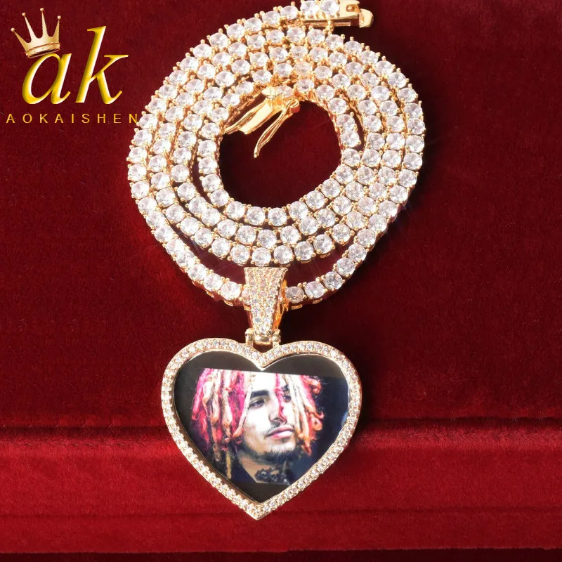 Aokaishen Custom Photo Necklace for Men Heart Picture Pendant Medallion Real Gold Plated Hip Hop Jewelry Personalized Charms