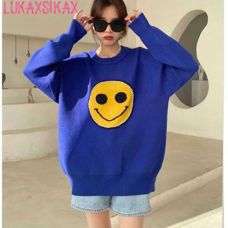 

LUKAXSIKAX New Autumn Winter Women Loose Pullover Sweater High Quality Funny Smiley Expression Beading Knitted Sweater