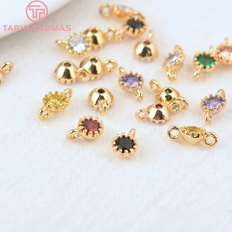 (740)10PCS 4MM Hole 1MM 24K Gold Color Brass with Colorful Zircon Round Charm Pendants for  Jewelry Making Findings Accessories