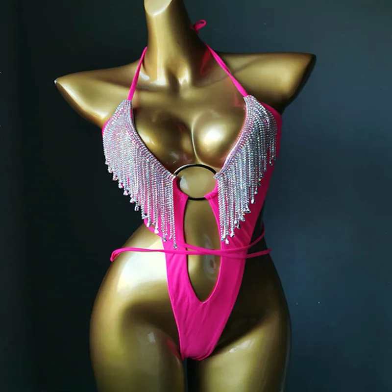 Rose Rhinestones Bandage Bodysuit Women Model Catwalk DJ Dancer Sexy Stretch Leotard Stage Wear Nightclub Bar Pole Dance Costume