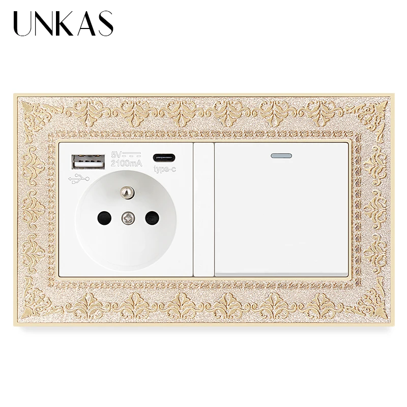 UNKAS Black Type C USB Port French Socket 1 2 3 4 Gang 1 / 2 Way On / Off Push Button 4D Embossing Panel Zinc Alloy Outlet