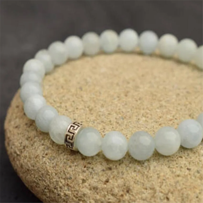 8MM White Jade Gemstone Beads Mala Bracelets Stretchy 7.5inches Bless Buddhism Energy Bead Wrist Yoga Spirituality Meditation