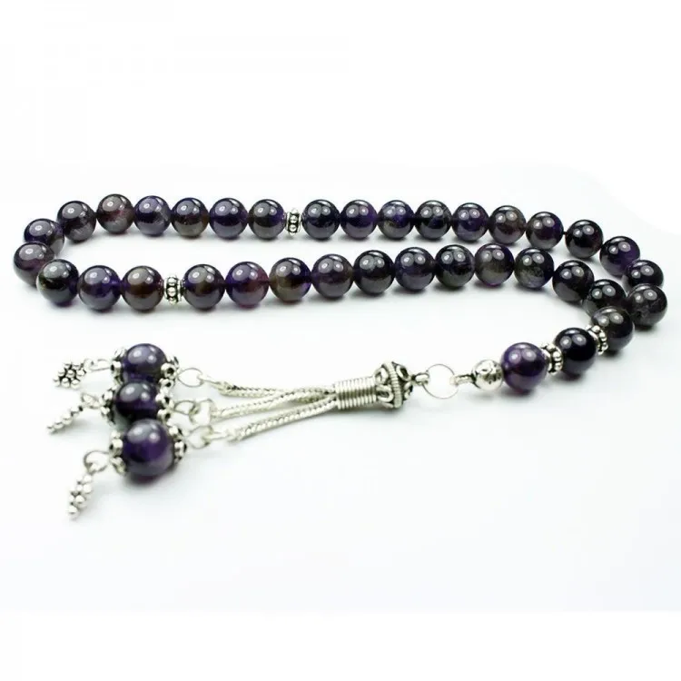 33 Beads Amethyst Stone Rosary For Men Muslim Prayer Tasbih High quality Islamic Jewelry Turkish Style Handmade Subha Capsule Cut Pure 925 Sterling Silver Tassel