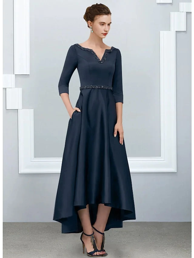 Elegant Dark Navy Hoge Lage Avondjurk V-hals Kralen Satin Half Sleeve Prom Party Gown Vestidos Fiesta Robe De soiree