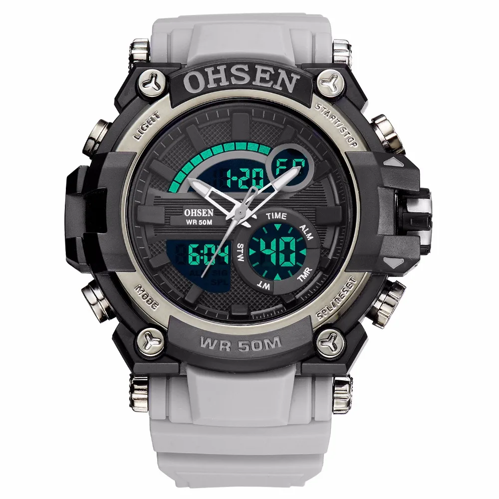 OHSEN Fashion Quartz Digital Watch Men Fashion Waterproof Military Wristwatch Grey Rubber Band Sport Watch Man Relogio Masculino