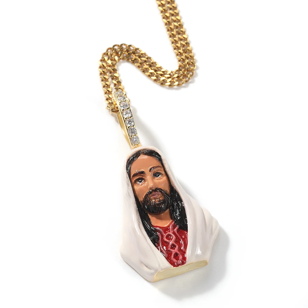 THE BLING KING Enamel Jesus Pendant Charm Head Portrait Enamel Pendant Tennis Chain Men And Women Rapper Hiphop Jewelry