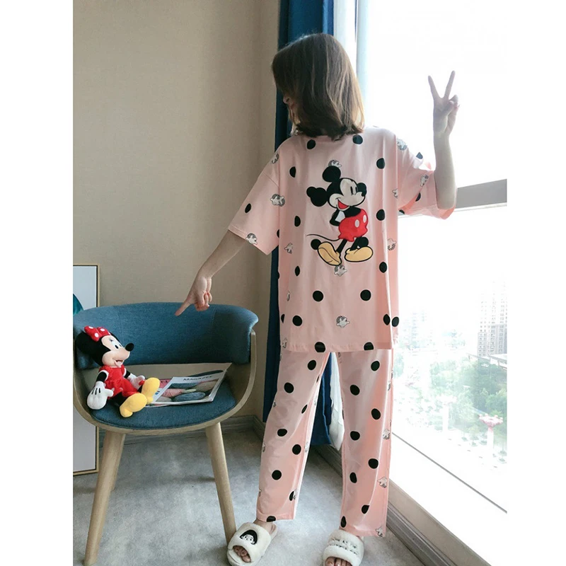 Mickey Dot Summer Milk Silk Mickey Mouse Pajamas Women's Short Sleeve Trousers Cartoon Mickey Ms. Loose Home Service