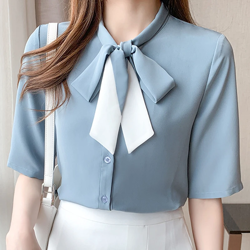 Blusas Blouses Femme Short Sleeve Blouse Women Blusas Mujer De Moda 2024Bow V-Neck Chiffon Blouse Shirt Tops Women Shirts E931