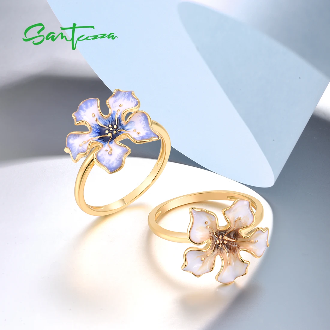 SANTUZZA Genuine 925 Sterling Silver Rings For Women Gold Color Delicate Blue Yellow Flower Party Fine Jewelry Handmade Enamel