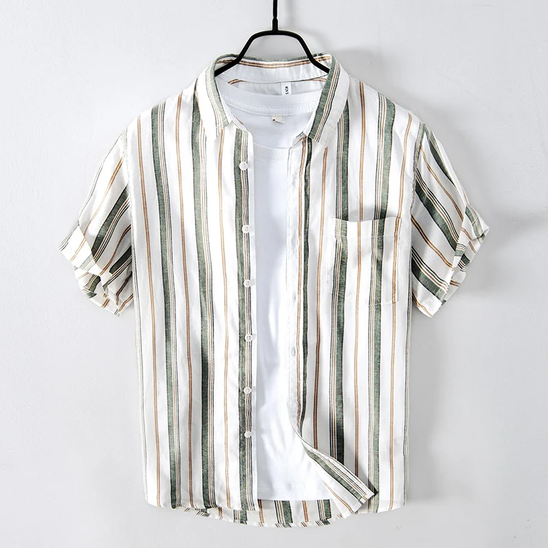 

New Italy Style Short-Sleeed Casual Stripe Shirt Men Brand Fashion Linen Shirts For Men Ropa Hombre Chemise Homme Chemise