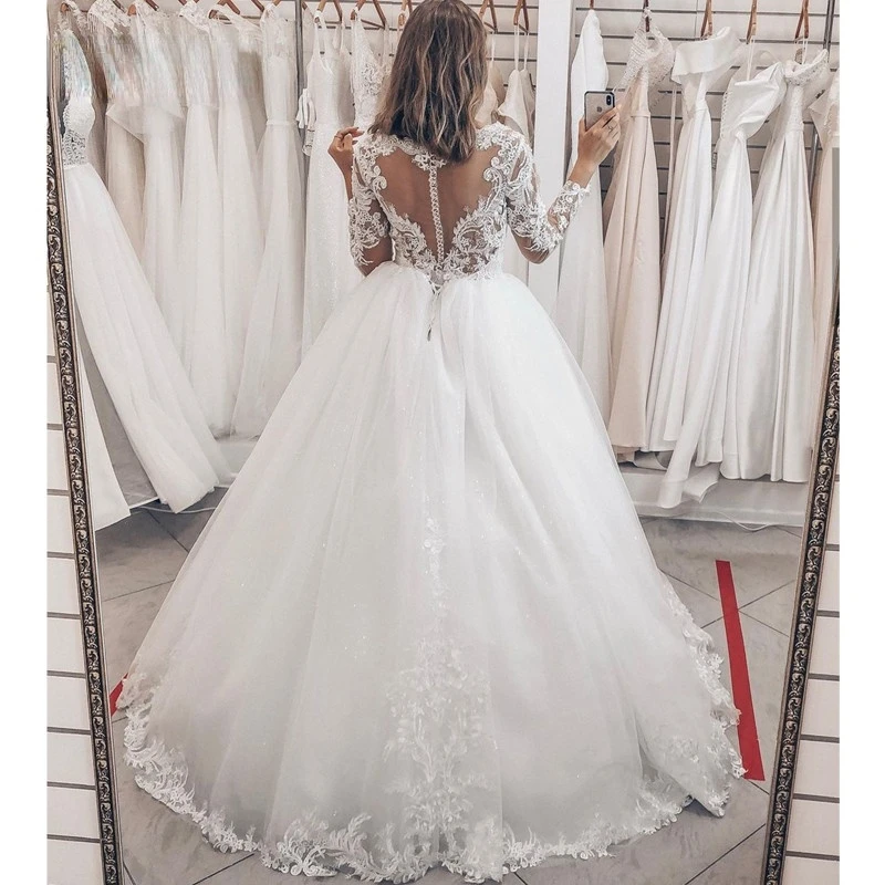 Elegante Prinses Baljurk Trouwjurken Lange Mouwen Kant Applicaties Charmante Sheer Terug Bridal Party Jurk Robe De Mariee