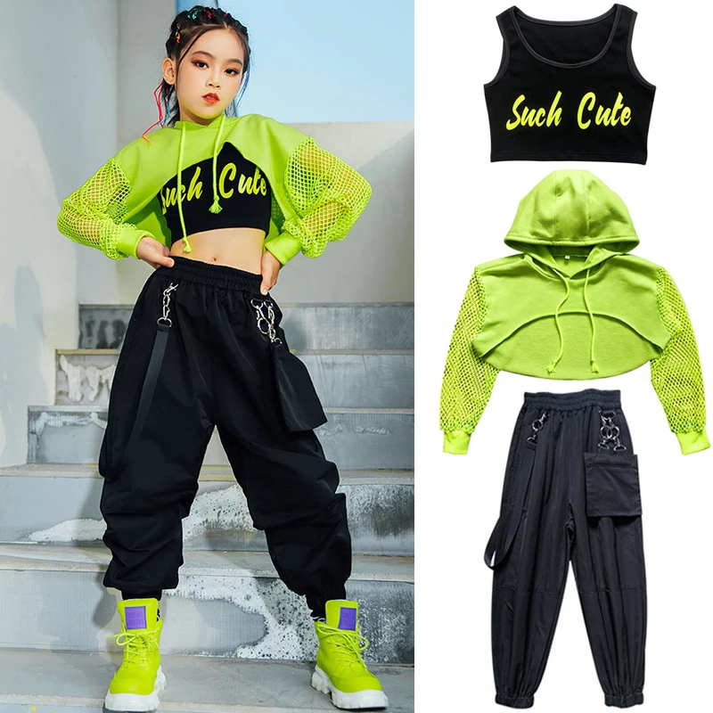 Disfraz de Jazz para niñas, ropa de Hip Hop, Tops verdes, manga de red, pantalones negros de Hip Hop para niños, Ropa de baile moderna de