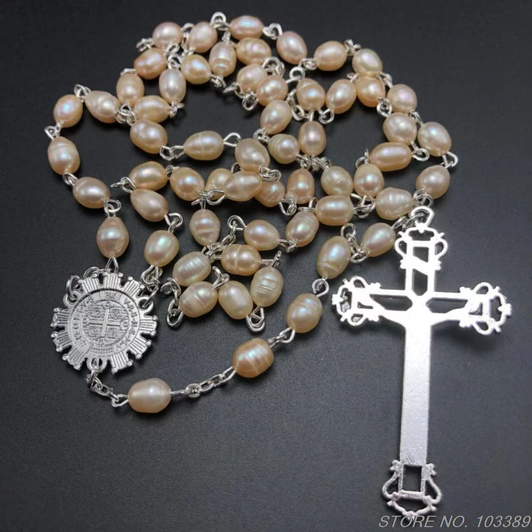 oval freshwater pearls rosary catholic rosary necklace with rhinestone benedict centerpiece and jesus