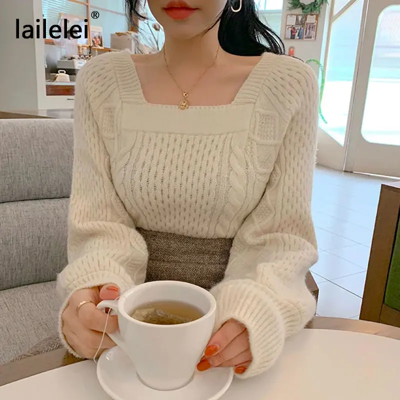 Lantern Sleeve Square Collar Knitted Sweater Crop Pullover Women Chic Korean Style Lazy Oaf Harajuku Cute Fall 2020 Winter Kazak