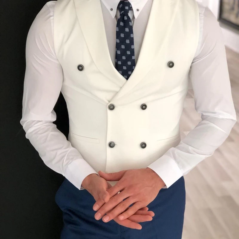 White Slim Fit Men Vest with Double Breasted One Piece Custom Male Suit Wasitcoat Peaked Lapel Wedding Gromsmen Waist Coat New