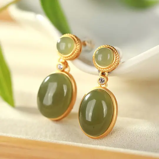 New silver inlaid natural Hetian Chalcedony Oval Earrings Chinese style retro minority design charm women's brand jewelry