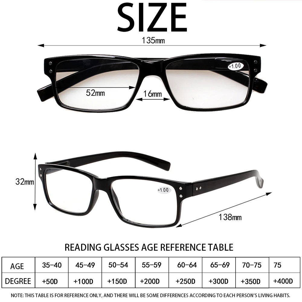 Turezing Classic Spring Hinge  Black Reading Glasses for Men and Women HD Eyeglasses Diopter +0.5+1.0+2.0+3.0+4.0+5.0+6.0