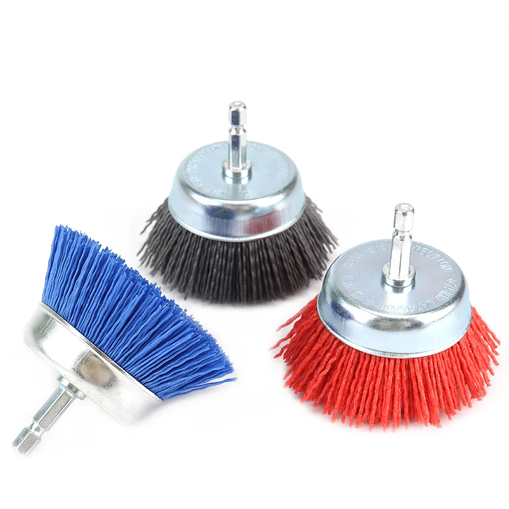 1/3Pcs 75mm spazzola a tazza in Nylon spazzola a filo abrasivo per trapano Dremel utensile rotante lucidatura del legno sbavatura pulizia 1/4 "gambo