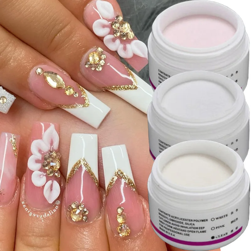 1 stücke Professiona Acryl Pulver Klar Rosa Weiß Carving Kristall Polymer Pulver 3D Nail art Tipps Extension Französisch Maniküre