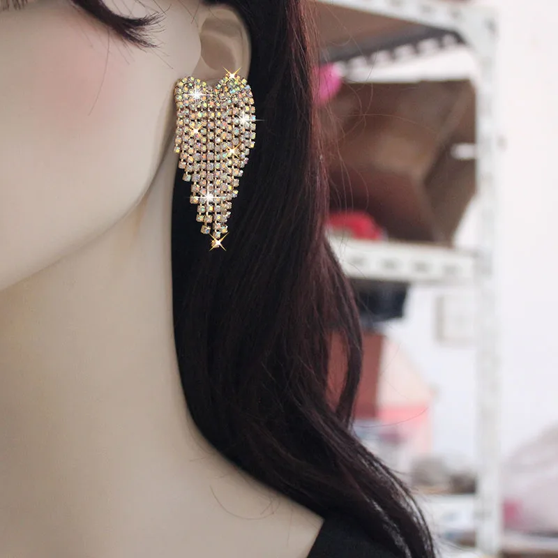 Luxury Rhinestone Tassel Earrings For Women Elegant Big Crystal Heart Drop Dangle Earrings Wedding Earring Jewelry Accessories