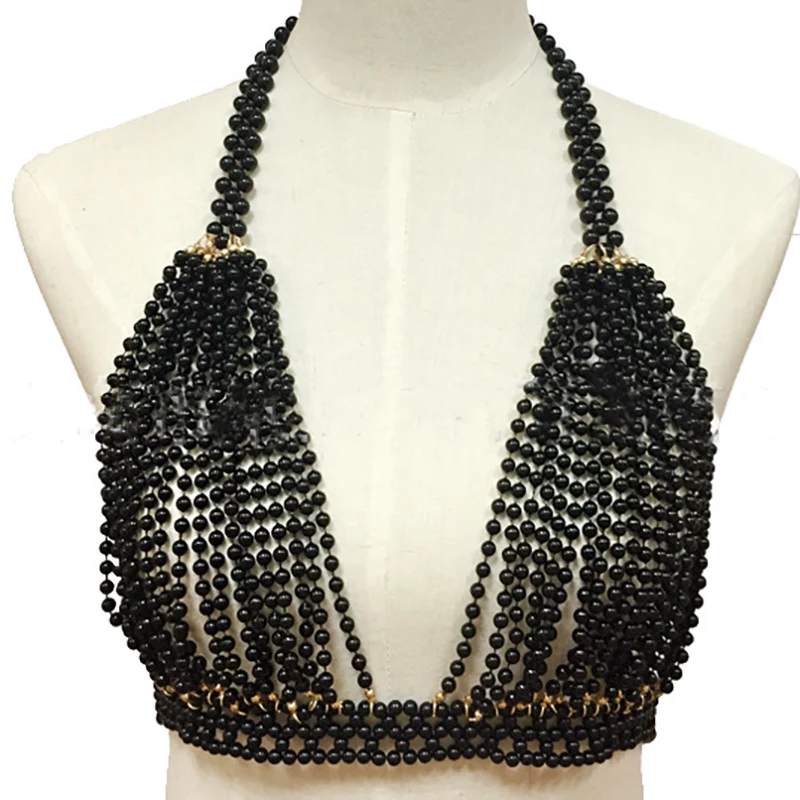 Sell personality black beaded women necklace sexy corset corset chain pearl shoulder chain jewelry handmade beaded body chain