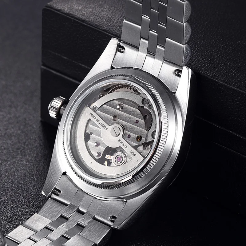 New Parnis 36MM Silver Dial Men Watch Luxury Brand Automatic Women Elegant Diamond Stainless Steel Bracelet Mechanical Watches