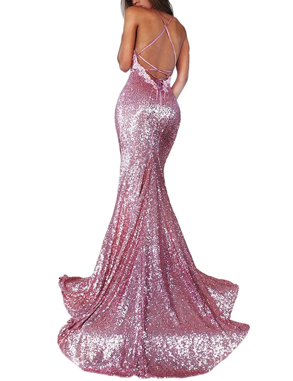 Vestidos de Fiesta sexys de talla grande, vestido de noche rosa con lentejuelas y tirantes, sin mangas, con encaje de sirena y Espalda descubierta, 2021