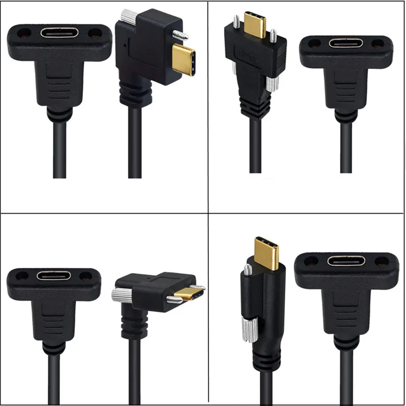 USB 3.1 Type-C Female to 90 Degree Up & Down & Left & Right Angled USB-C Male Data  with Screw Panel Mount Shielded Cable