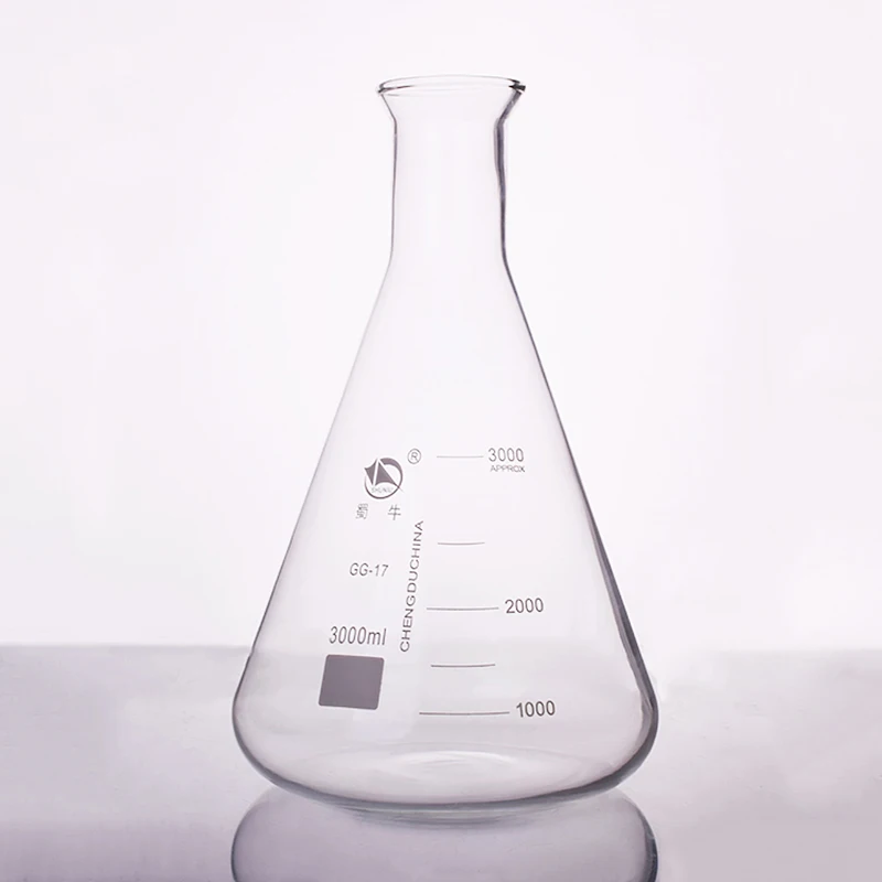 

Conical flask,Wide spout with graduations,Capacity 3000ml,Erlenmeyer flask with normal neck.