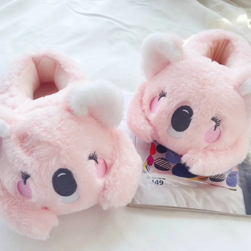 Cute Pink Gray Koala Cartoon Animal Plush Slippers Female Winter Warm Koala Home Woman Slipper