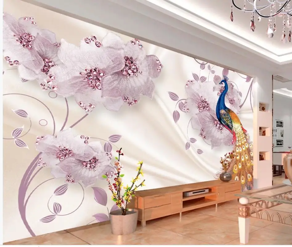 

Custom wallpapers 3d murals wallpaper for living room Jewelry Flower Peacock Silk 3D Wall