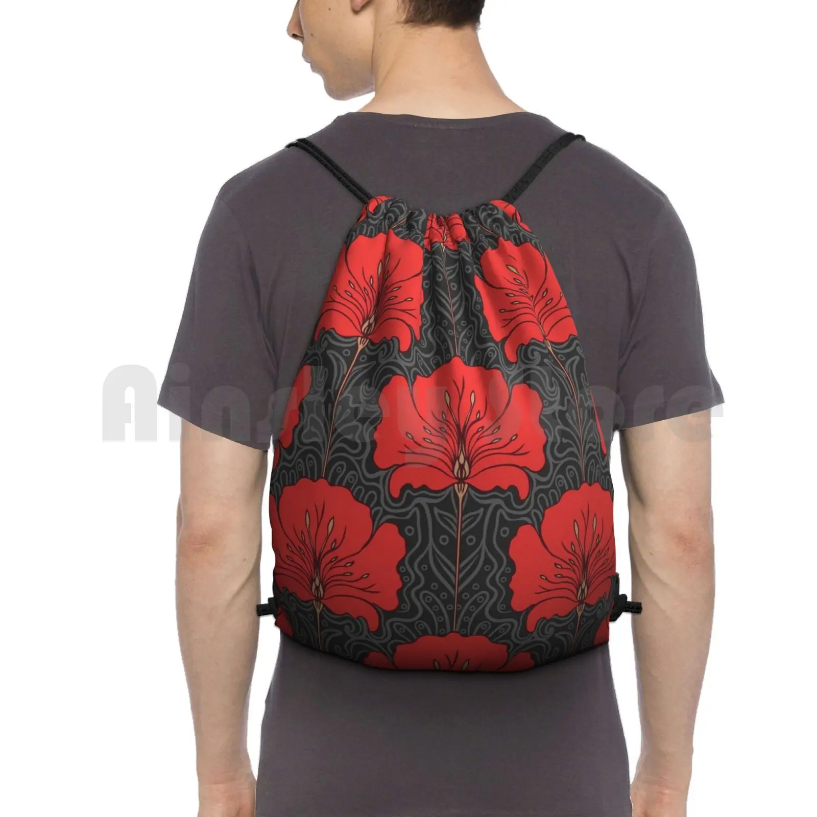 Art Nouveau , Pattern , Retro , Vintage , , Chic , Red , Grey , Black , Girly , Floral , Lotus Flowers Outdoor Hiking Backpack